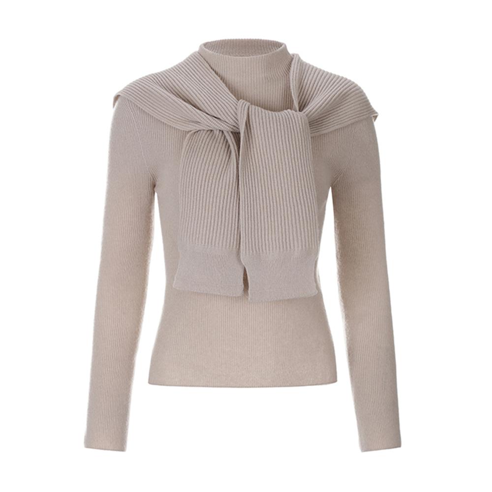 Premium pure cashmere100 soft ribbed turtleneck + scarf set-up - Beton beige