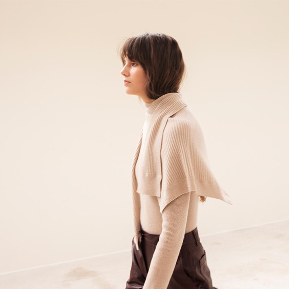 Premium pure cashmere100 soft ribbed turtleneck + scarf set-up - Beton beige