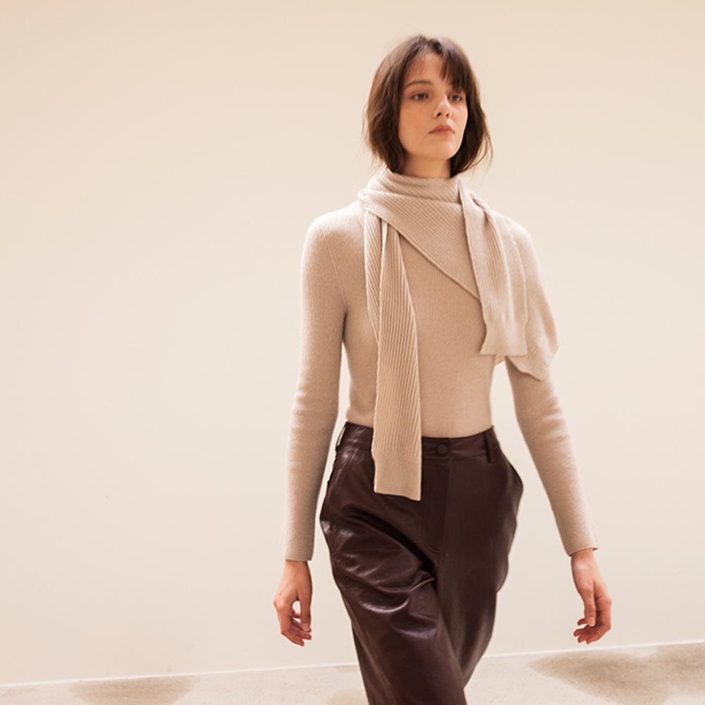 Premium pure cashmere100 soft ribbed turtleneck + scarf set-up - Beton beige